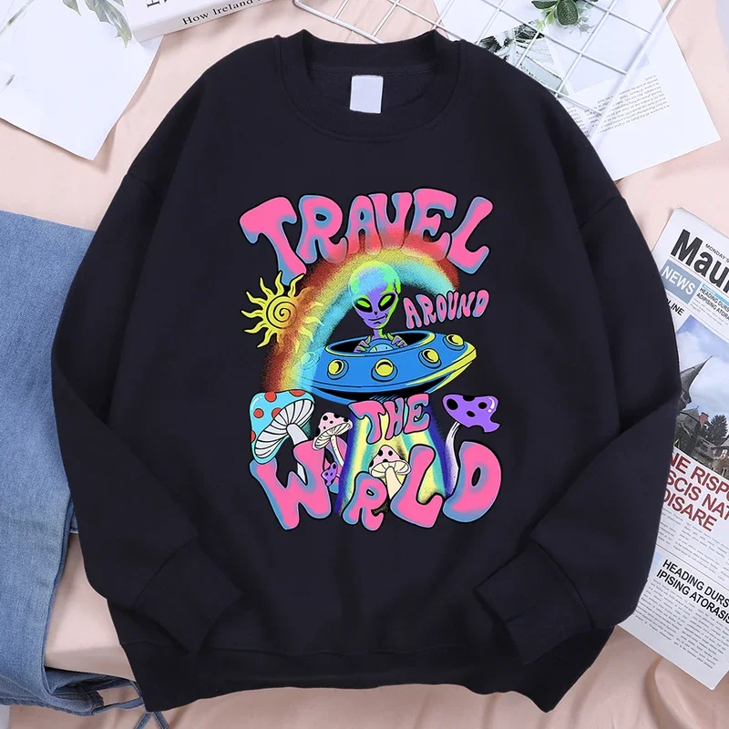 

Alien Ufo Travel Around The World Sweatshirt Man Creativity Crewneck Pullover Vintage Hoodie Simplicity Crewneck Women Hoody