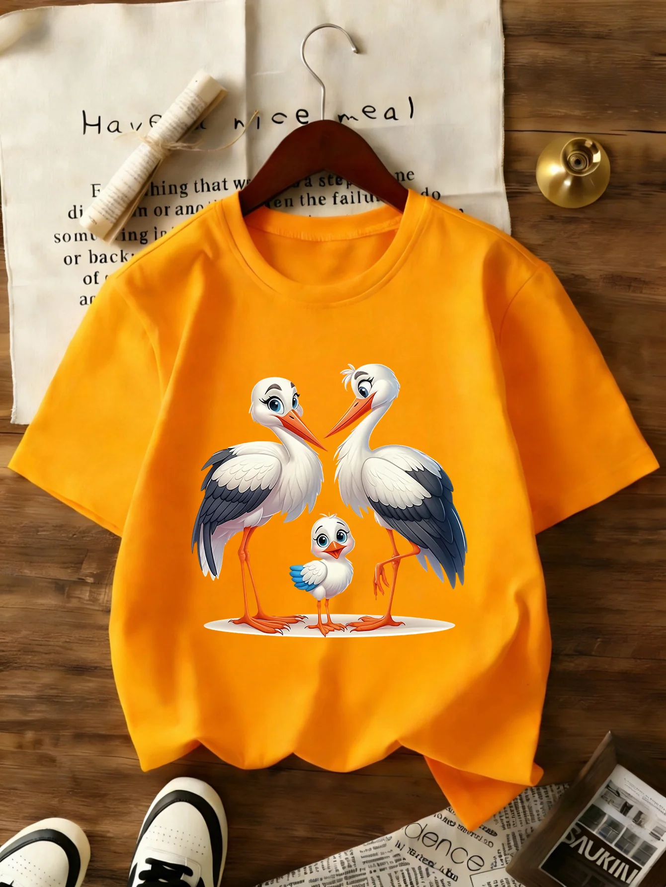 Cute Cartoon Stork Bird Family Animal Print Family Matching T Shirt Boys Girls Soft Summer Short Sleeve Daily Casual Tees