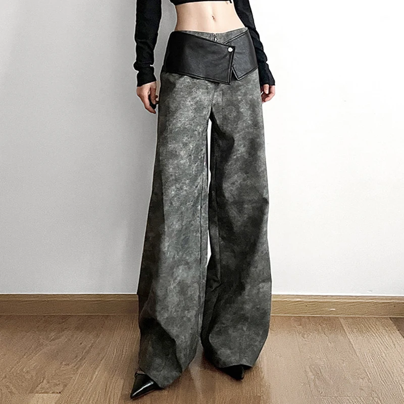 Y2K Pu Leather Wide Leg Pants Women Harajuku Streetwear Patchwork Baggy Pants Gyaru Grunge Fashion High Waist Straight Trousers