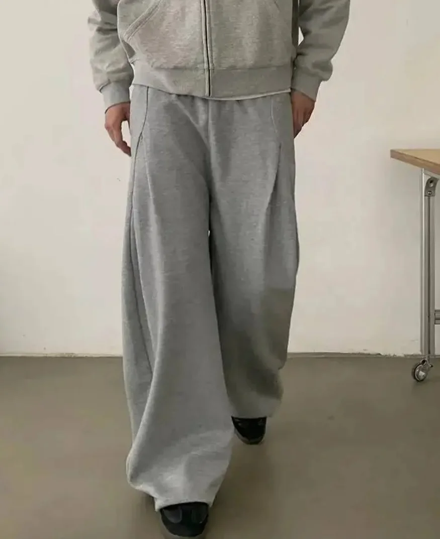 New Simple Men's Sweatpants Solid Color Elastic Waist Deconstruction Casual Pleated Design Wide Leg Autumn Male Pants