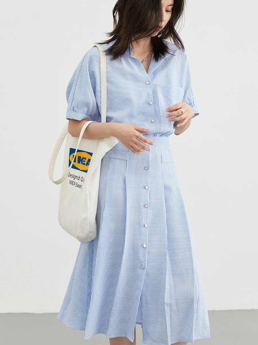 CHIC VEN Korean Pleated Shirt Dress Short Sleeve Dresses Striped Women Loose Girl Slim Dress A Line Women Clothing Summer 2023