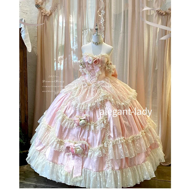 Abito da sposa floreale rosa principessa romantica personalizzato Abito da sera lungo da donna aderente senza spalline per festa di compleanno Abito da ballo Lolita