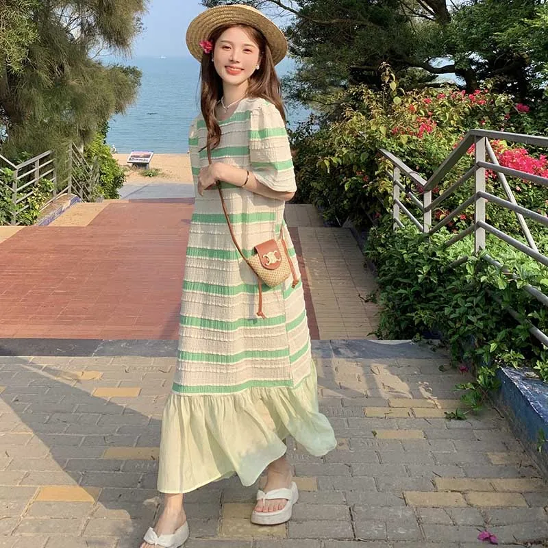 O넥 스트라이프 스플라이스 폴드 인어 캐주얼 드레스, 루즈한 한국 퍼프 슬리브, 미디 원피스, 여성 의류, 2024 여름 신상 패션