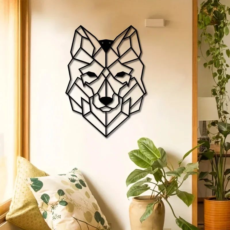 Arte de pared de cabeza de Lobo geométrico de Metal para sala de estar y oficina, adorno artesanal de hierro negro, silueta de arte colgante, regalo de arte de pared