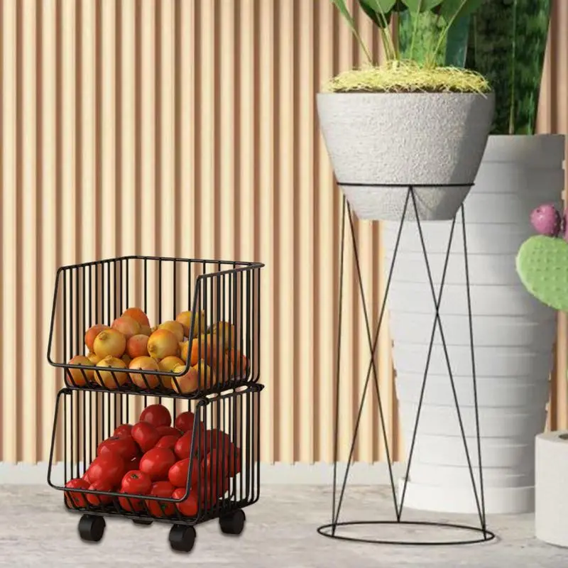 Kitchen Movable Cart Storage Shelf Stackable Rolling Fruit Vegetable Metal Wire Basket Household Trolley Snack Storage Rack