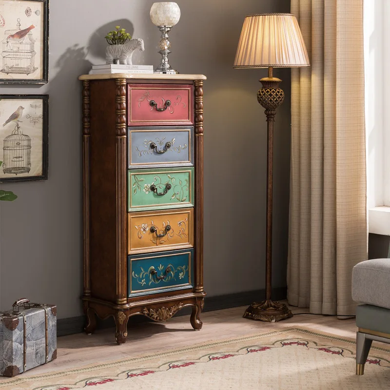 

Solid wood chest of drawers carved retro painted old TV side cabinet bedroom storage cabinet factory