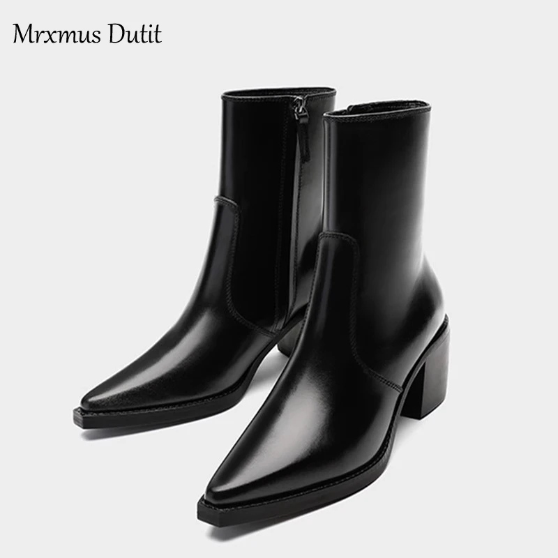 

Mrxmus Dutit 2023 Women New Autumn Winter Genuine Leather Rough Heel Pointed Head Boots Shoes Simple Fashion Shoes Female Chic