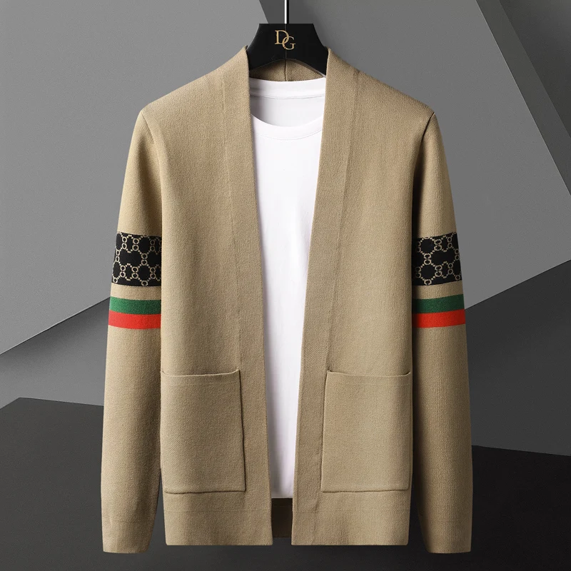 Cardigan tricoté de marque de luxe pour hommes, imprimé personnalisé, pull décontracté européen, manteau châle, printemps, automne, nouvelle tendance, 2025