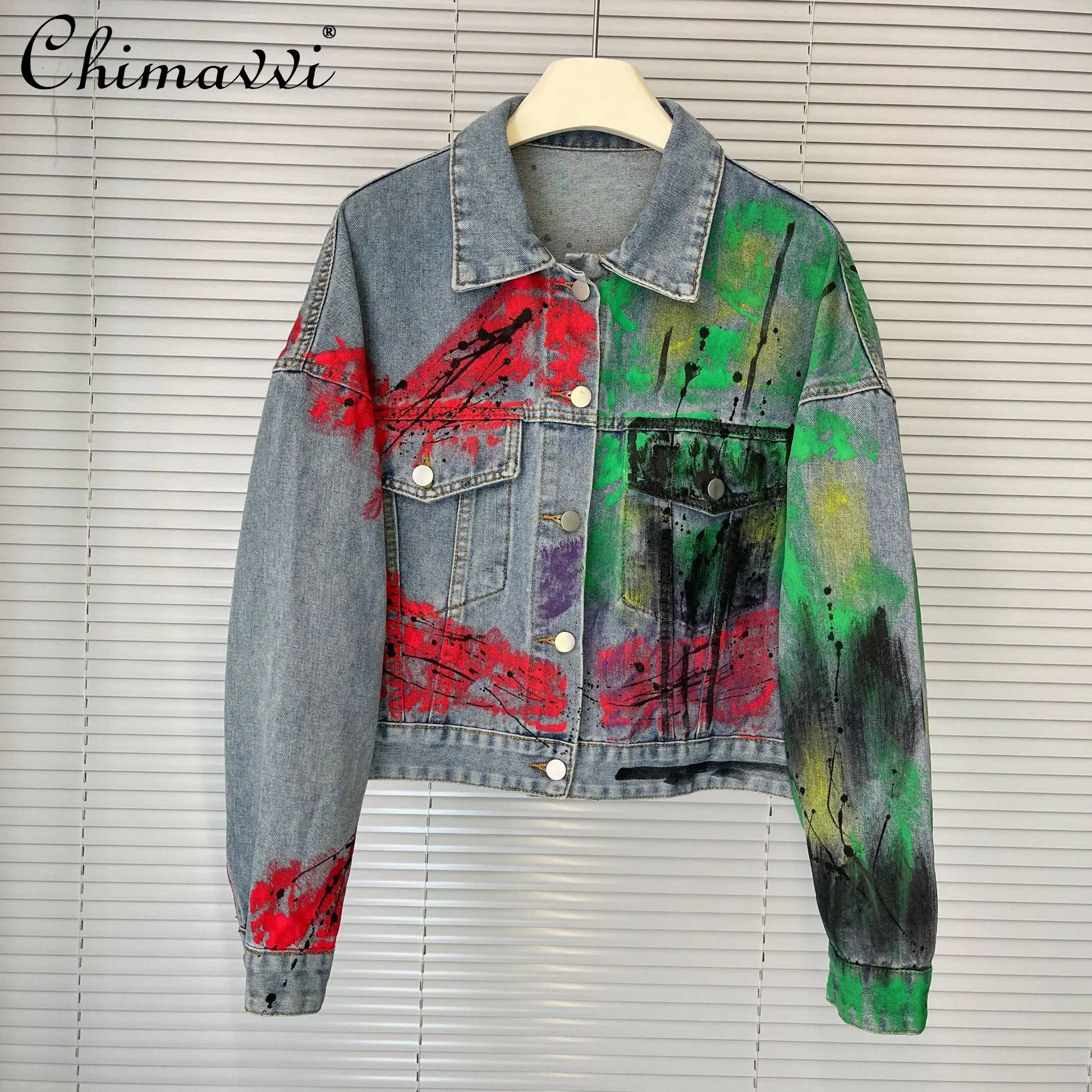 

Осенняя повседневная джинсовая куртка с принтом граффити, однобортная модная свободная синяя джинсовая куртка с отложным воротником и длинными рукавами для женщин