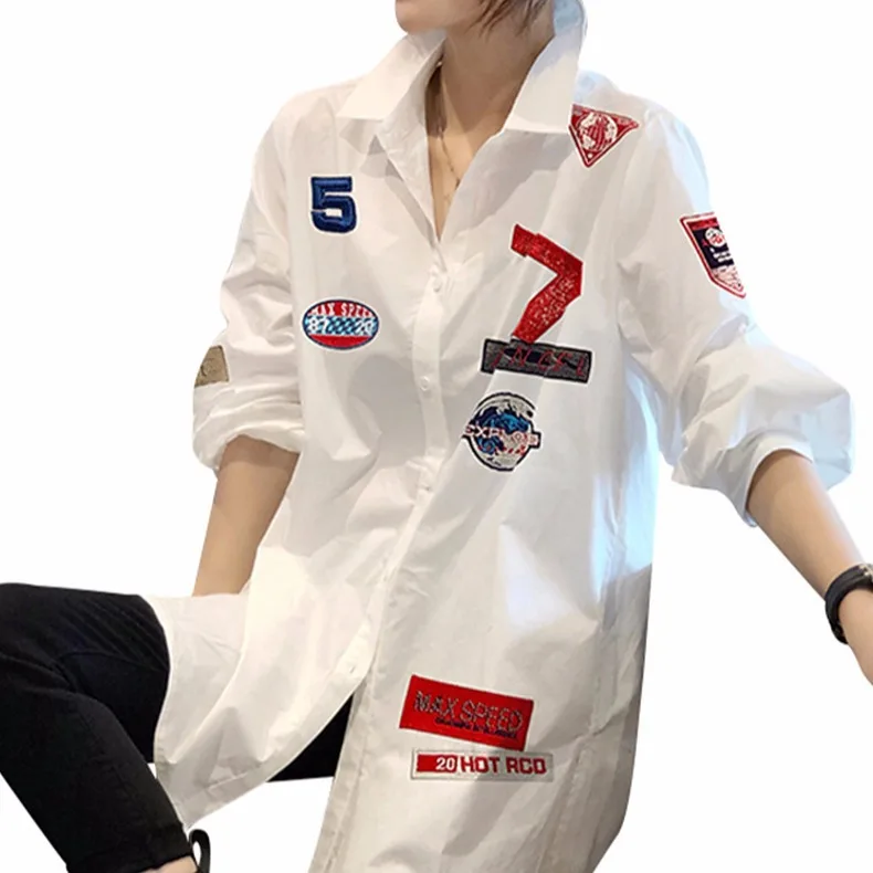 Plus Size Retro Embroidered Printed White Loose Fitting Shirt for Women Long Sleeved Top Spring Wear 2025 New Item