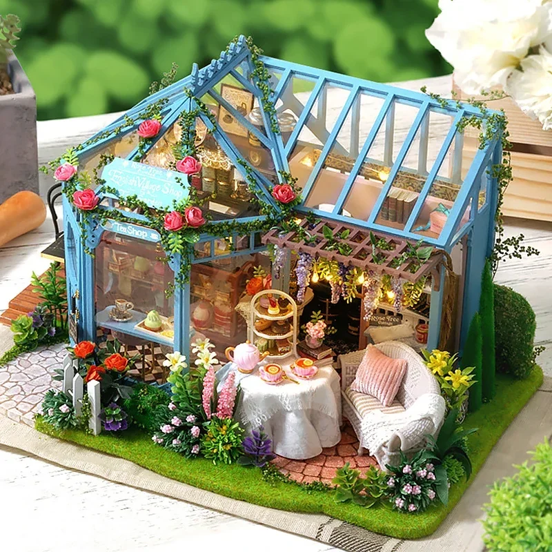 Kit de casa de bonecas de madeira artesanal modelo de construção flor jardim 3d puzzle montagem brinquedo casa de boneca em miniatura com iluminação de móveis