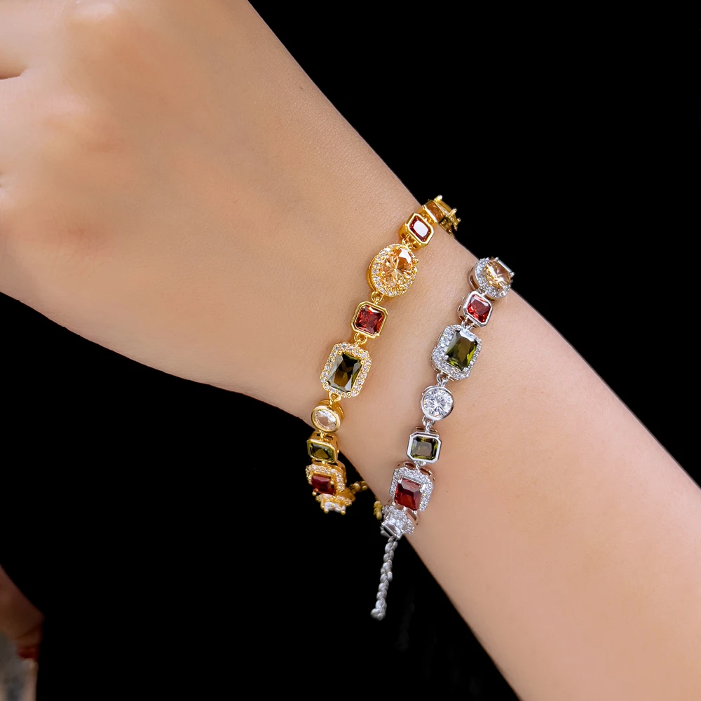 CWWZircons Wunderschöne, mehrfarbige, bunte Zirkonia-Gliederkettenarmbänder für Damen, verstellbarer, trendiger Handschmuck CB353 – Detail 3