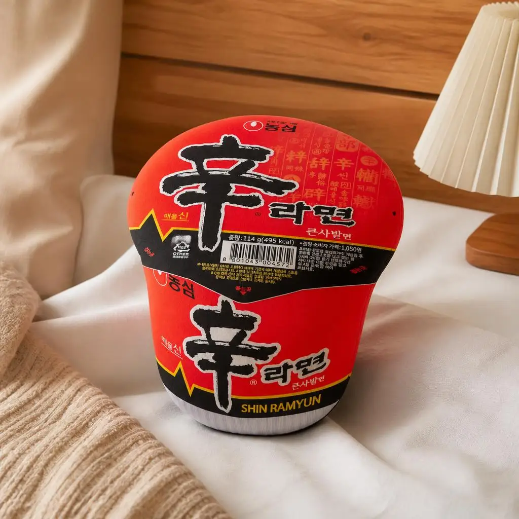 Shin Ramyun Cup Noodle Shaped Stuffed Throw Pillow Korean Ramen Cushion Irregular Food Decor for Sofa Bed Kitchen Foodie Gift