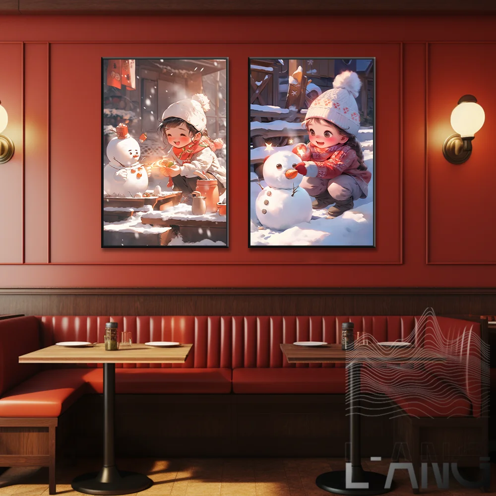 Christmas lovely girl make snowman festive atmosphere poster canvas painter living room bedroom decoration can be customized siz