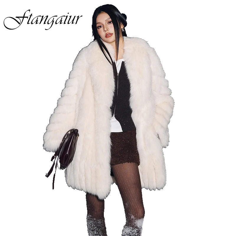 Ftangaiur Women Winter Finland Import Fox Fur Coat Long Sleeve Female Fox Coats V-Neck Loose Medium Natural Fox Fur Coats