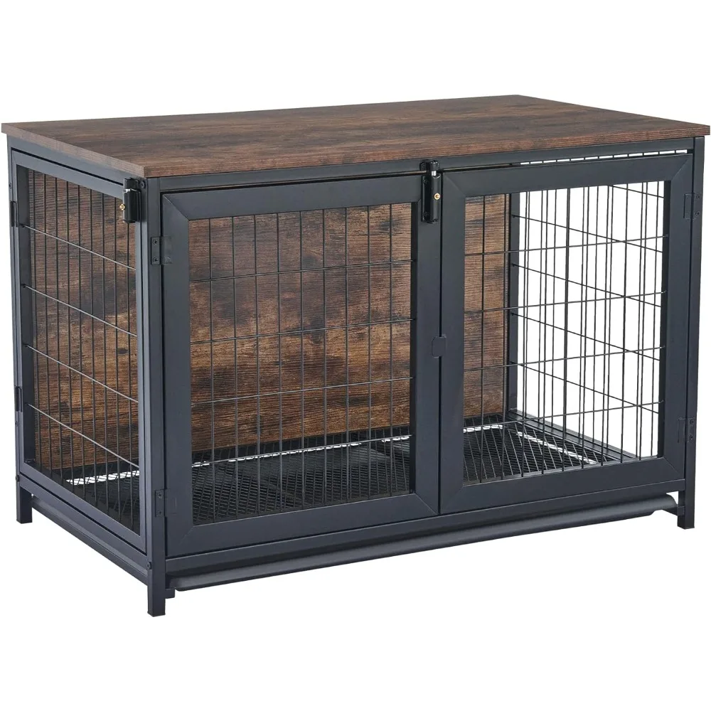 Furniture dog cage with wheels, 110 pound pet puppy indoor furniture style wooden dog house, heavy-duty pet cage house