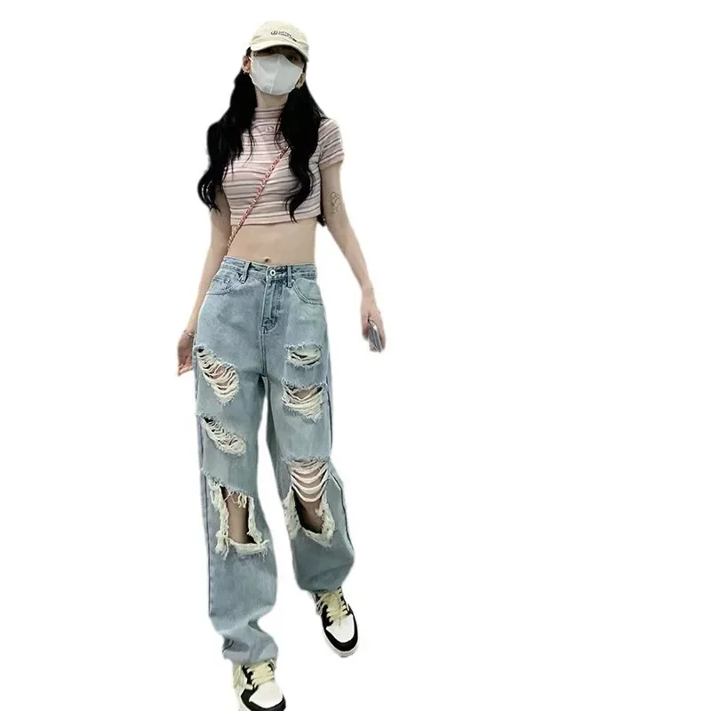 Trou jean femmes droit Denim jambe large pantalon poches bouton fermeture éclair mouche Vintage Streetwear femme pantalon en détresse Denims