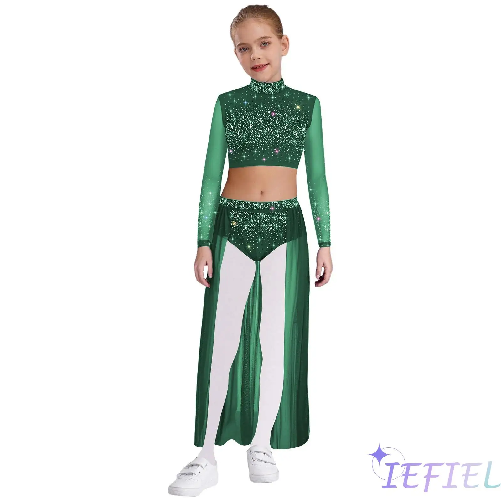 

Girl Lyrical Belly Dance Costume Mock Neck Long Sleeve Shiny Rhinestones Crop Top+Flowy Skirt Modern Dance Competition Costume
