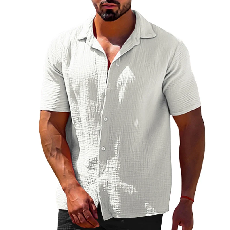 Camisa informal de lino y algodón para hombre, cárdigan de manga corta con botones y solapa, ropa de calle para primavera y verano, 2023