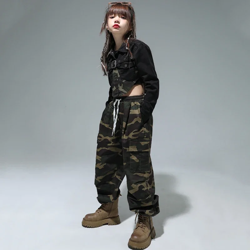 Suit Group Performance Clothing Rave Wear Jazz Dance Clothes For Girls Hip Hop Kids Dance Costume Camouflage Tops Pants