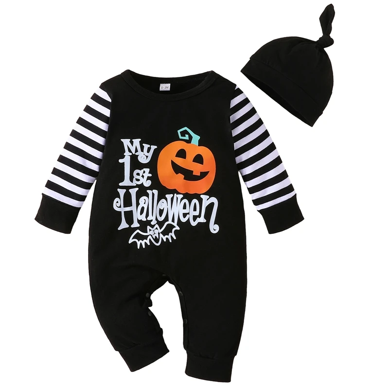 

My First Halloween Toddler Baby Boys Outfit Pumpkin Spider Letter Print Romper Costume Long Sleeve Jumpsuit with Hat