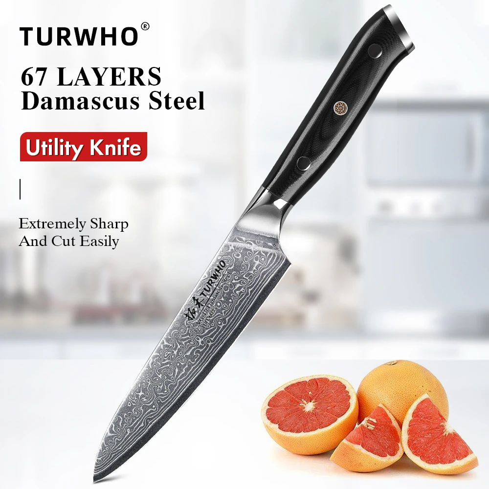 TURWHO 5 Inch Kitchen Utility Knife Damascus Steel Professional Chef Knife Peeling Fruit Knife Vegetable Meat Fish Cooking Tools