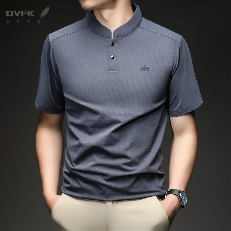 Mens Short Sleeve Mandarin Collar Sport Polo Shirt Casual Tops With Embroidery Breathable Slim Fit Mesh Tees For Men - view 3