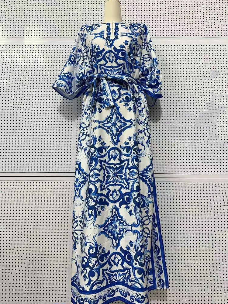 

Retro geometric printed semi-open collar lace-up cinched waist dress 2025 summer women's fashion loose hem split puffy dress