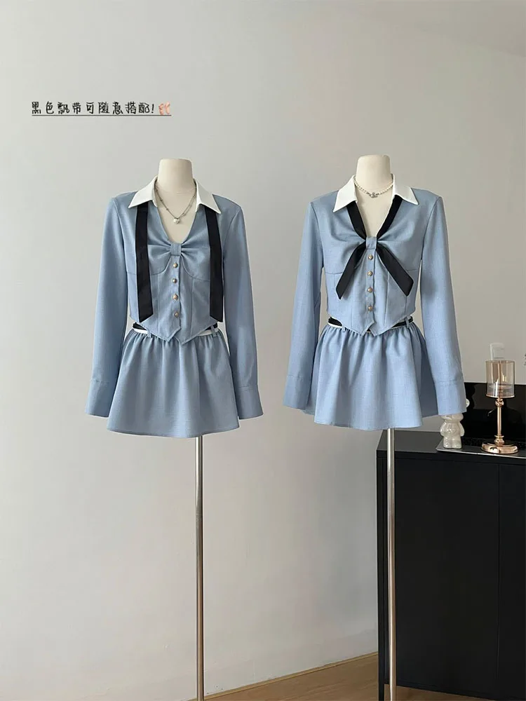 Formal Occasion Outfits 2 Piece Skirt Set Polo-Neck Shirts Blue Chic + High Waist Pleated Skirt With Belt Coquette Preppy Style