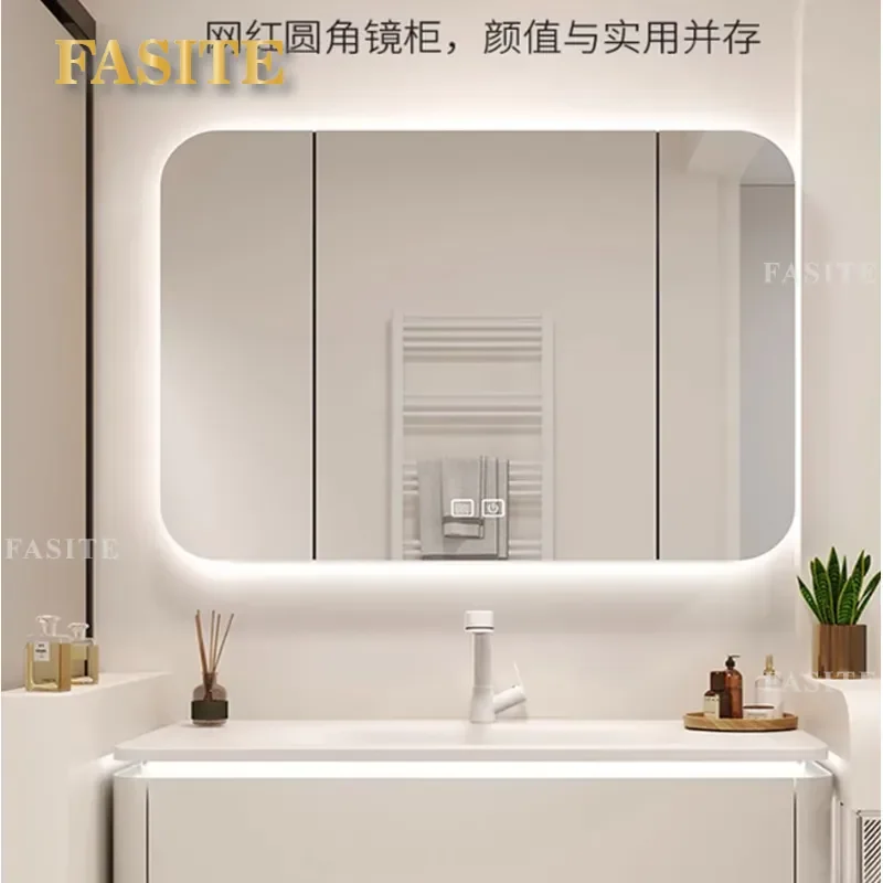 For Bathroom Solid Wood Smart Mirror Cabinet Cream Style Vanity with Light Strip Defogging Storage Toilet Organizer