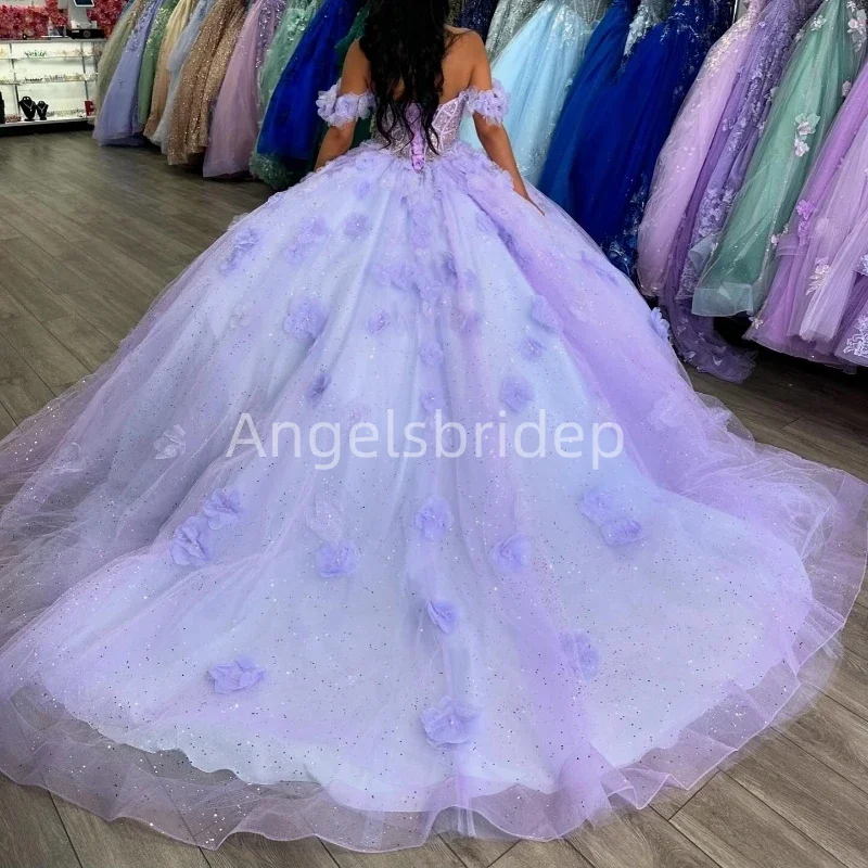 Angelsbride Elegant Lilac Ball Gown Quinceanera Dresses Vestidos De 15 Quinceañera 3D Handmade Flower Princess Girl Party Dress