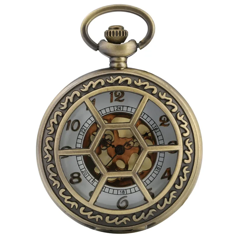 Antique Pocket Watch Half Hunter Retro Hollow Hexagon Grilles Men Women Quartz Analog Clock Sweater Chain Relogio De Bolso