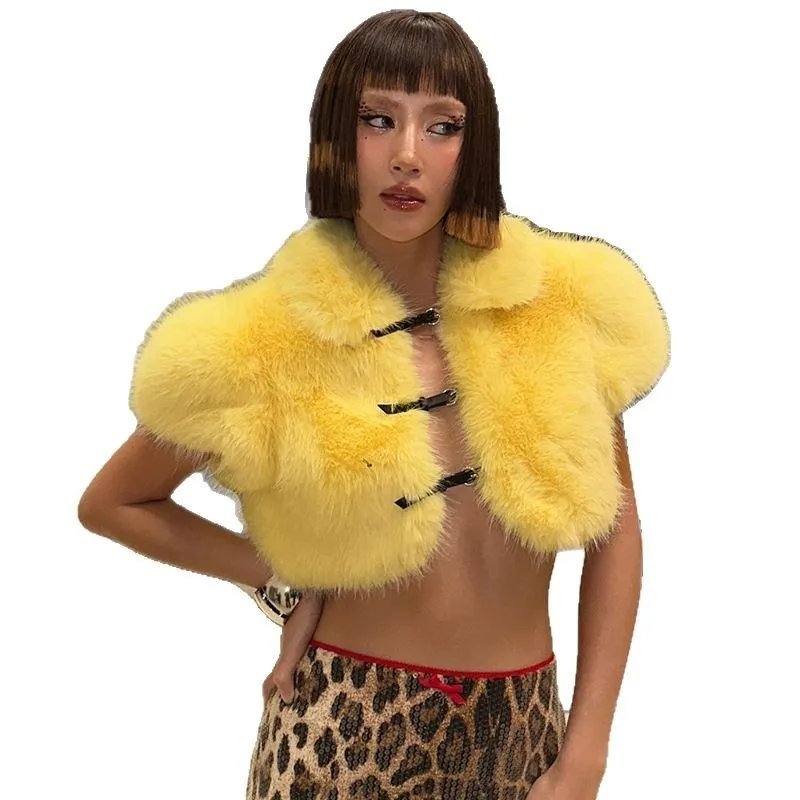 Feminino Pure Color Fur Or Top Svel Ultra-ort Sle Faionable E Sli Trans-seasonal Outerwear