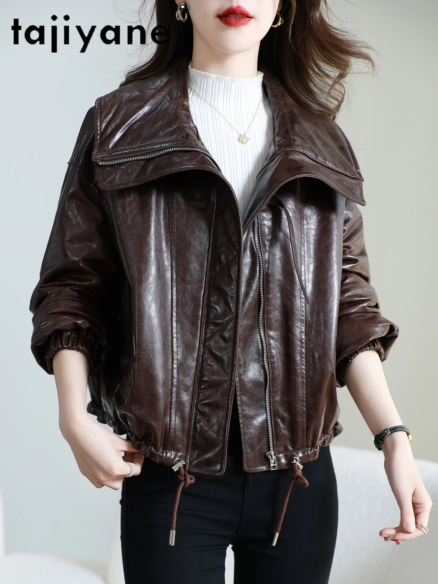 TAJIYANE 100% Top-narben Schaffell Gans Unten Mantel Kurze Echt Leder Puffer Jacke Frauen Fuchs Kragen Winter Frau Kleidung 2025