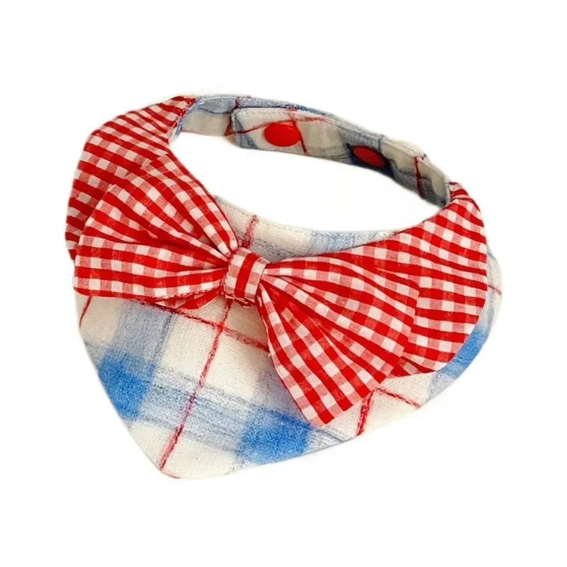 Blue Checkered Pet Triangle Scarf Cute Dogs Bow Bib Cat Dogs Bib Shawl Pet Drool Towel Teddy Scarfs Dog Accessories Dog Bow Tie