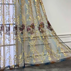 Brown and Blue Gradient Sheer Curtain Tulle Luxury Flower Embroidered Vintage Voile Window Drapes for Living Room Sliding Door