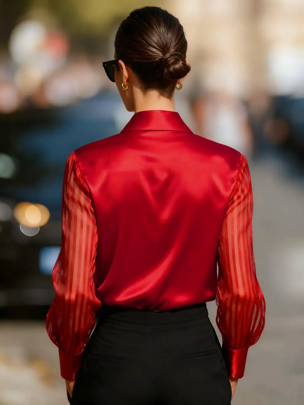 بلوزات خريف جديدة على الموضة لعام 2026 قميص شيفون مُزين بقطع القماش بلون سادة وأكمام طويلة قميص فضفاض مكتب سيدة للنساء ملابس