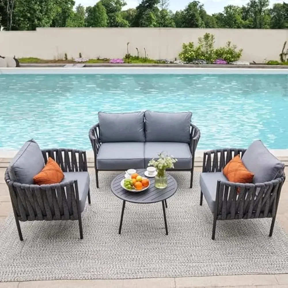 

Outdoor Furniture Set With Table Detachable and Washable Soft Padded Metal Gray Furniture Set Outdoor Garden Lounge Sets Patio