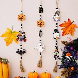 Halloween Wooden Beads Pendant Gnome Pumpkin Bat Ghost Hanging Ornaments for Wall Home Party Tray Decoration Prop