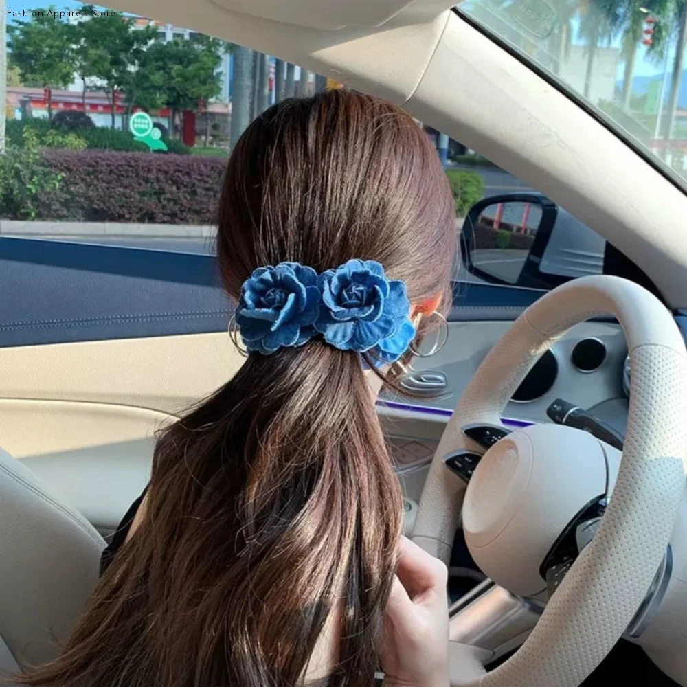 

Sweet Denim Blue Flower Banana Clips Korean Style Plastic Women Vertical Clip Camellia Cloth Floral Twisted Hair Clip Summer