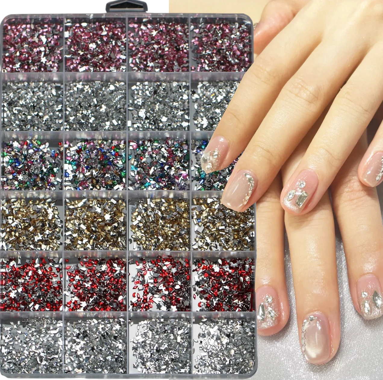 

24Grid 6000pcs 3D Mixed Colorful Mini Nail Art Rhinestone Shiny Multi Shape Micro Crystal Flatback Nail Diamond DIY Nail Jewelry