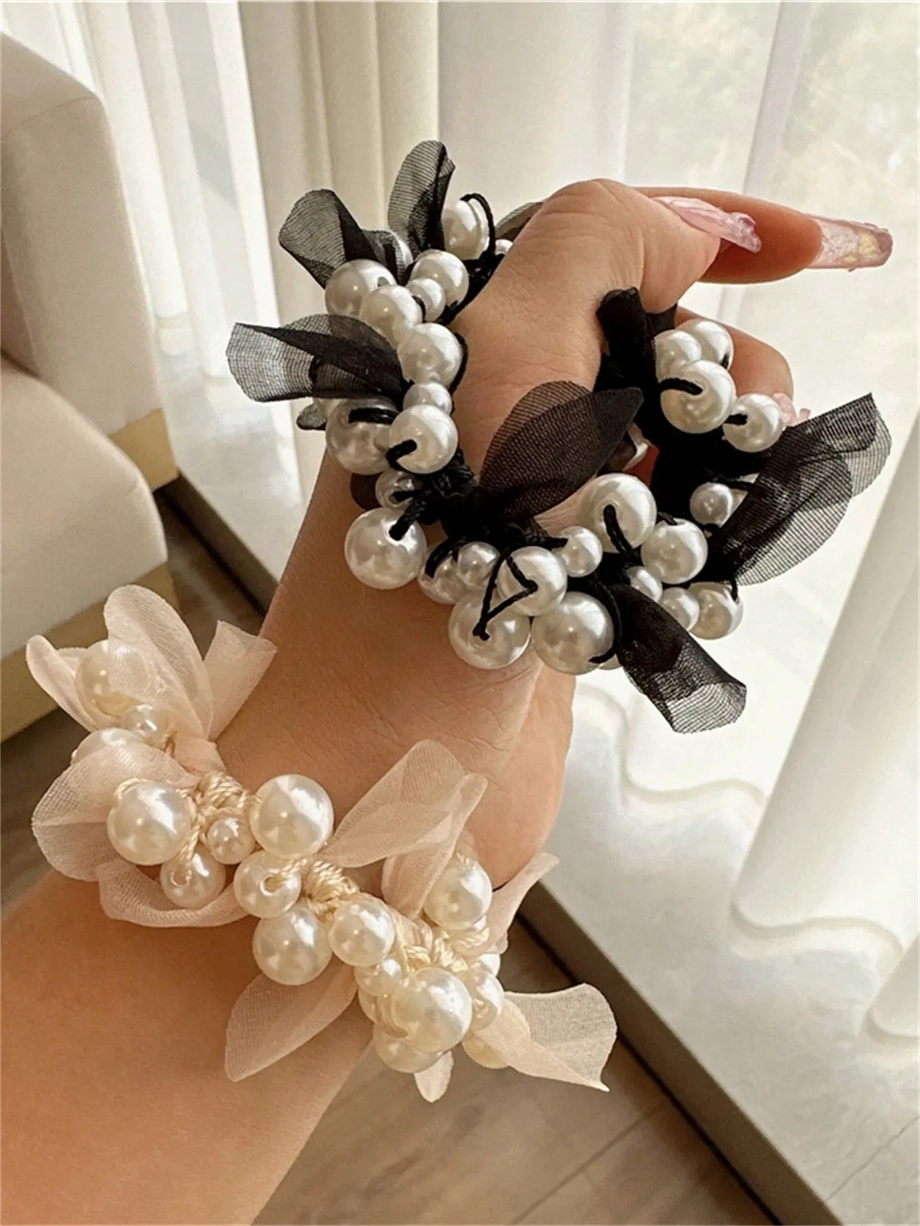 1 women\'s summer new temperament pearl scrunchie hair string bun hair band headdress