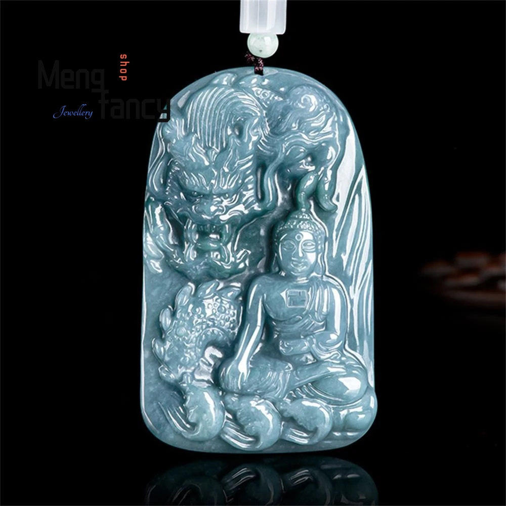 Natural A-goods Jadeite Blue Water Divine Dragon Buddha Zodiac Dragon Ice Jade Pendant High-grade Luxury Fashion Jewelry Mascots