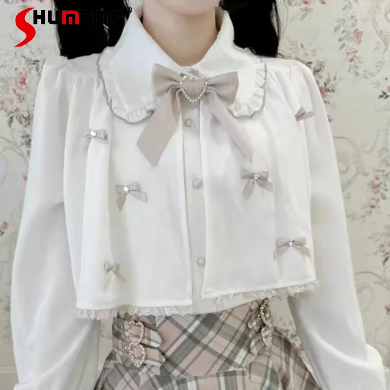 

Japanese Mass-Produced New Small Bow Tie Patchwork Shirt Long-sleeves Kawaii Blouse Y2k Cute Sweet Short Cape Shawl Blusas Women