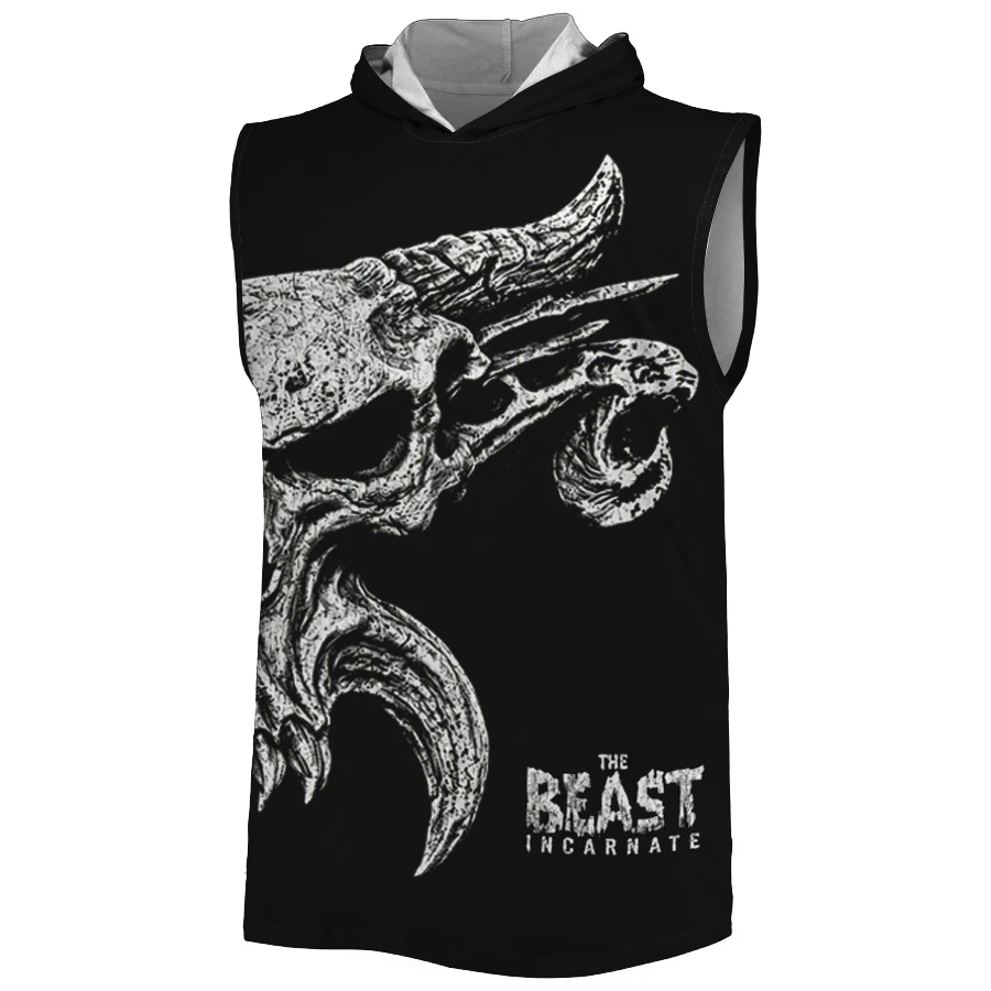 Men's Brock Lesnar All Over Skull Hooded Tank 3D Printed Quick Drying Breathable Gym Tank Top Sports Casual Sleeveless Hoodie