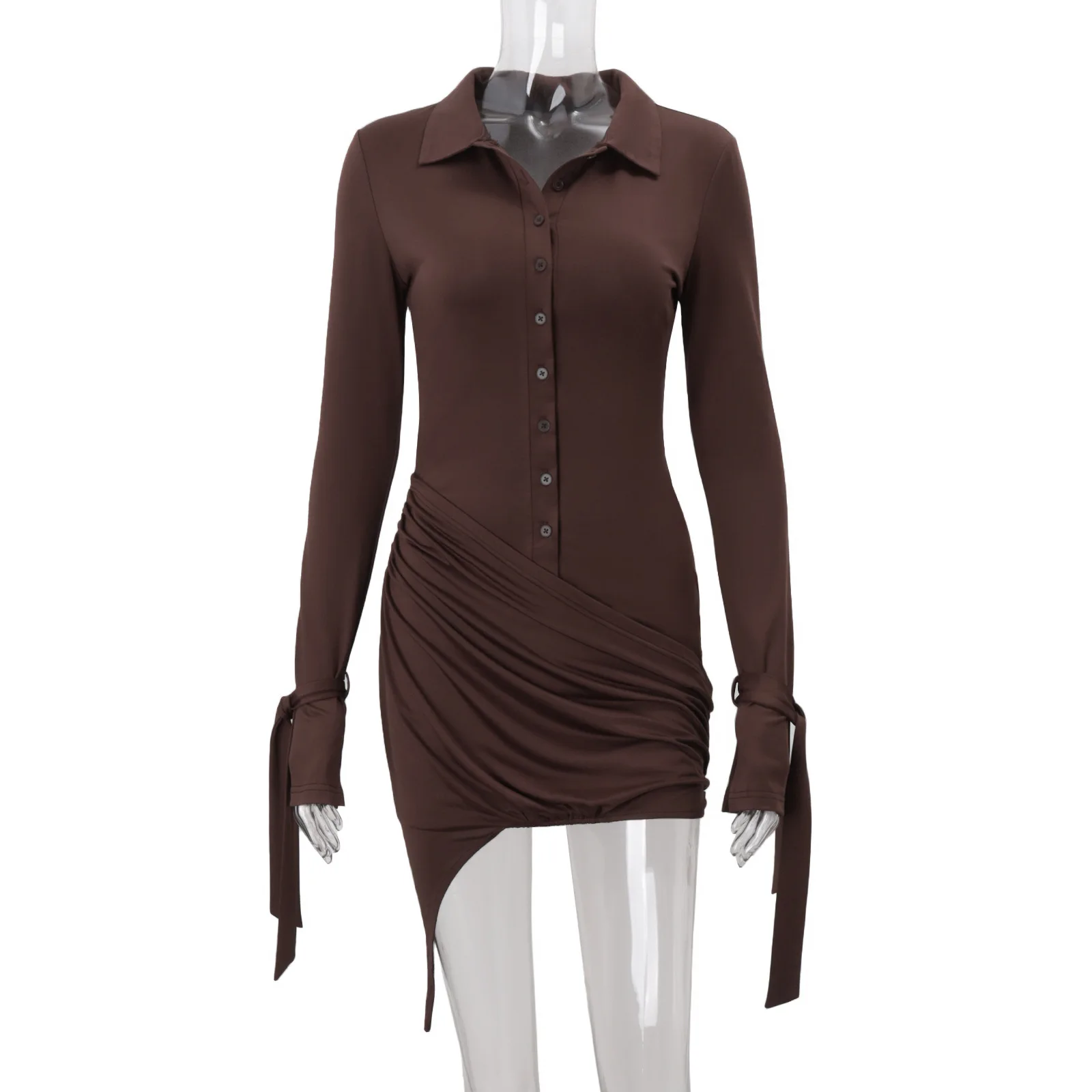 DSMTRC Autunno Sottile Elegante Partito Abiti Donna Marrone Manica Lunga Monopetto Abiti Gira-giù il Collare Fasciatura Vestito Aderente