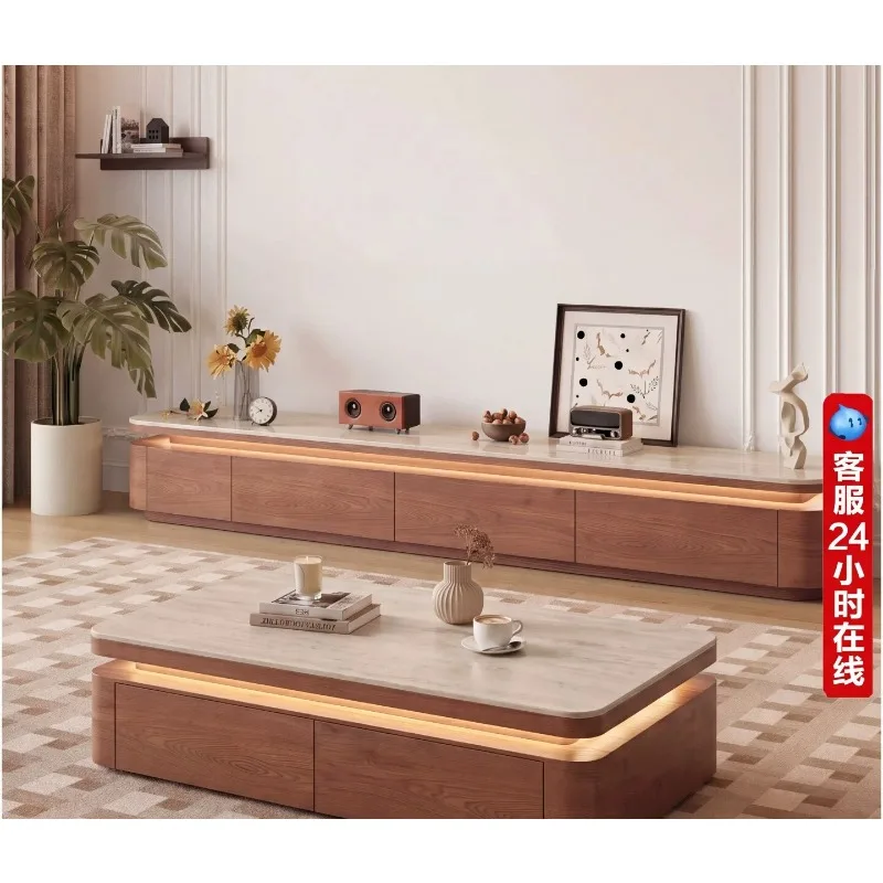 Medieval wabi-sabi wind travertine rock slab coffee table, table rectangular with lamp storage space simple solid wood modern
