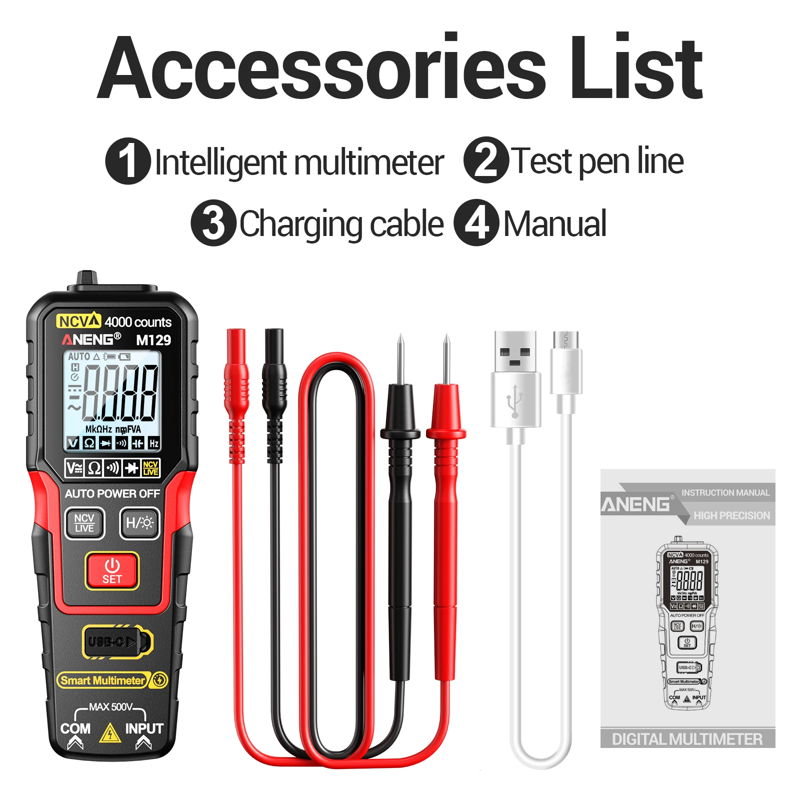 Multimètre à reconnaissance automatique ANENG M129, 4000 comptes, NCV sans contact, recharge au lithium, rétroéclairage, lampe de poche, testeur de circuit AC/DC 500V