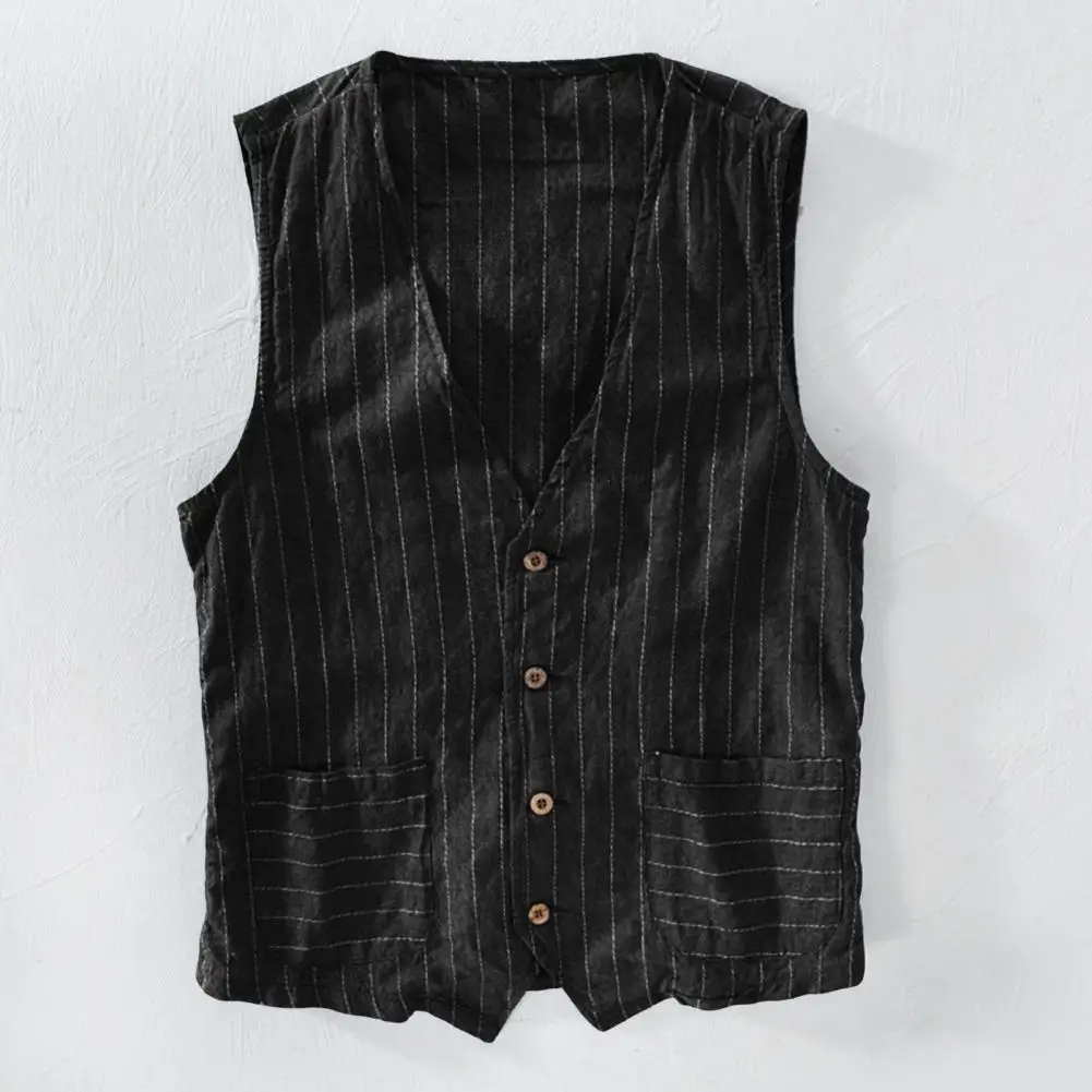 

Men Color Block Waistcoat Stylish British Men's V-neck Striped Waistcoat with Pockets Retro Vest Coat for Fashionable Gentlemen