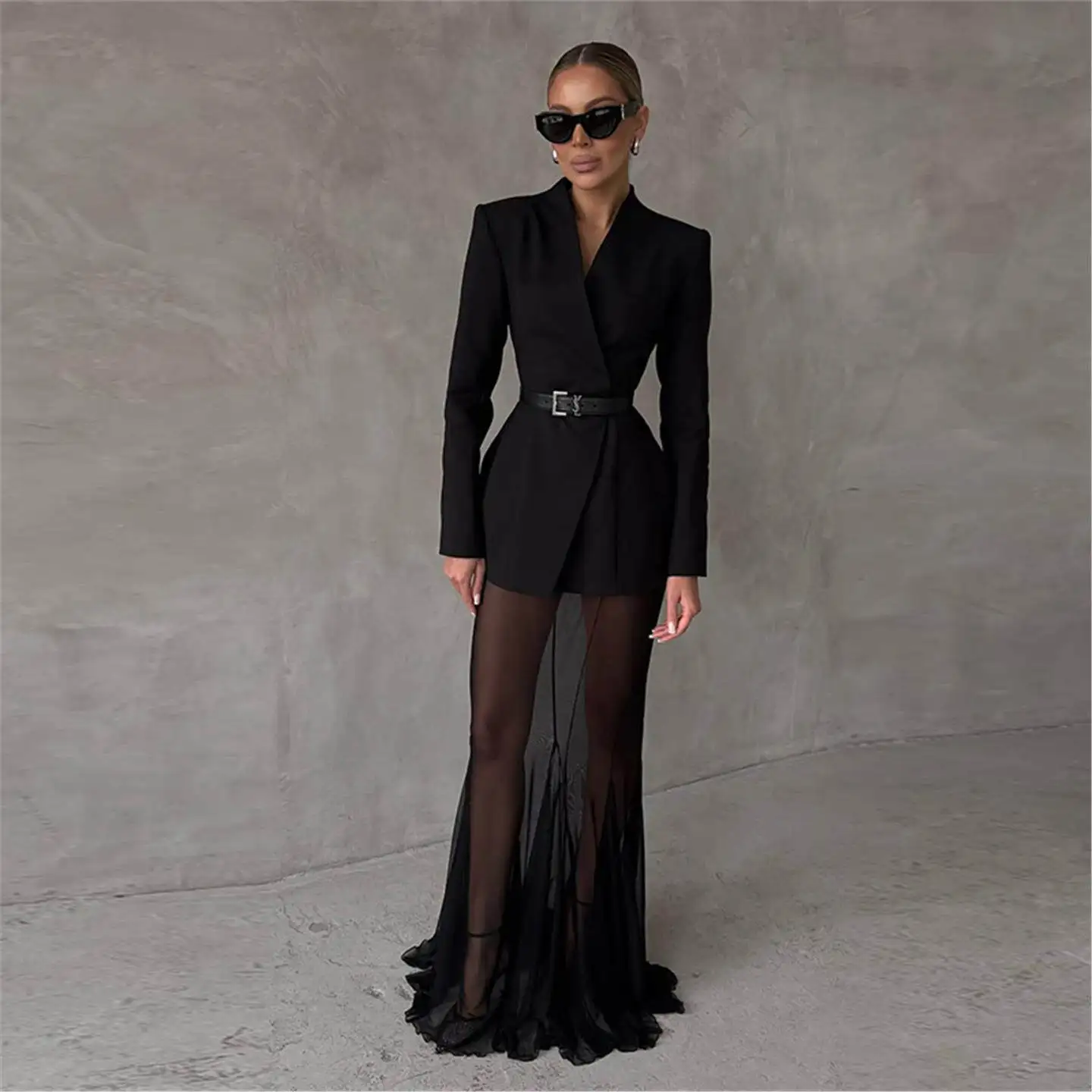 

Новинка 2025: Модный дизайнерский комплект из сетки однотонного цвета – женский костюм в деловом стиле с длинным рукавом и пальто средней длины